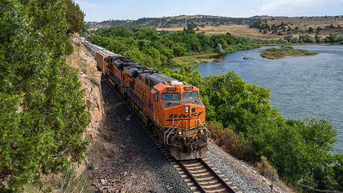 A BNSF grain train travels between Guernsey and Glendo, Wyoming