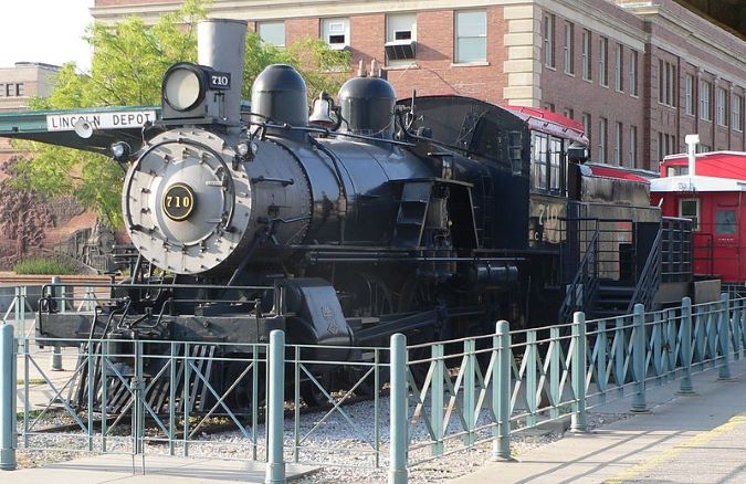 CB&Q Locomotive Number 210 on display in Lincoln’s Haymarket district